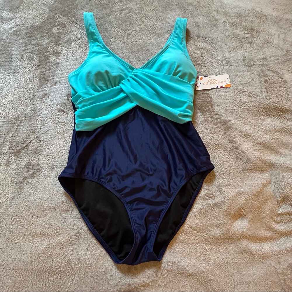 NWT Enjoy the sunshine navy blue teal gathered one piece swimsuit Size M